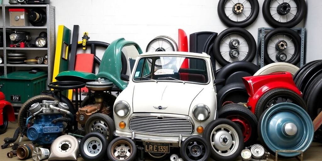 Colorful Mini spare parts displayed for classic car fans.