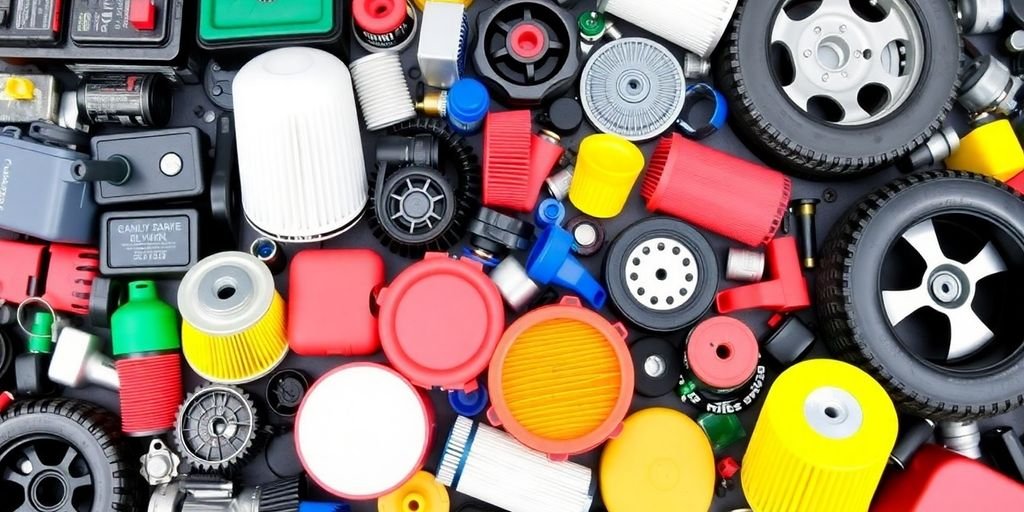 Colorful mini spare parts for vehicles on a workbench.