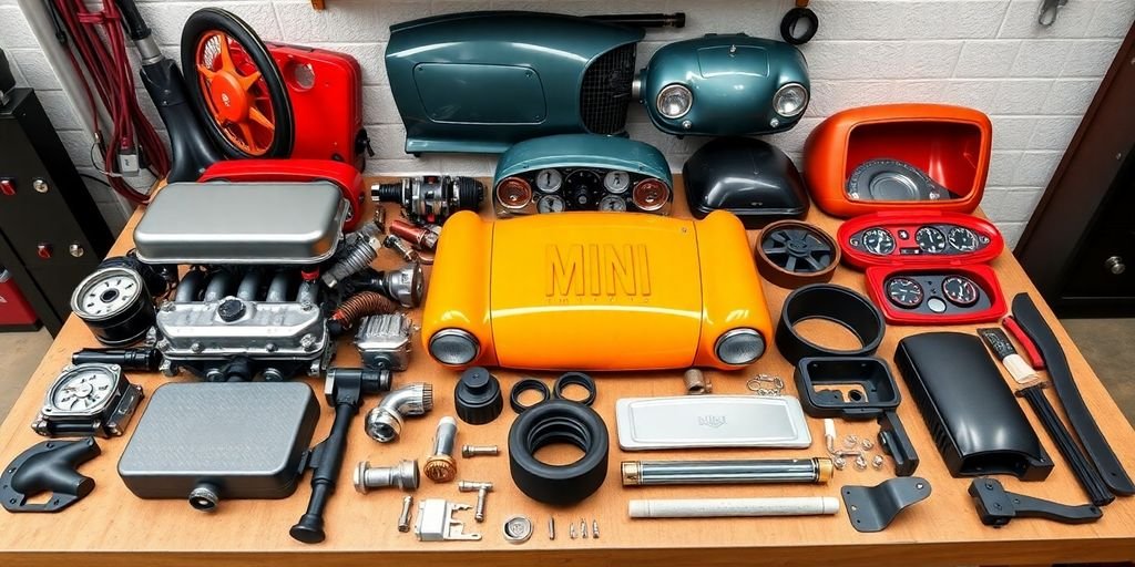 Classic Mini OEM parts on a workbench.