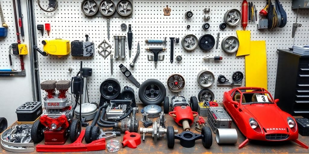 Colorful mini car parts arranged on a workbench.