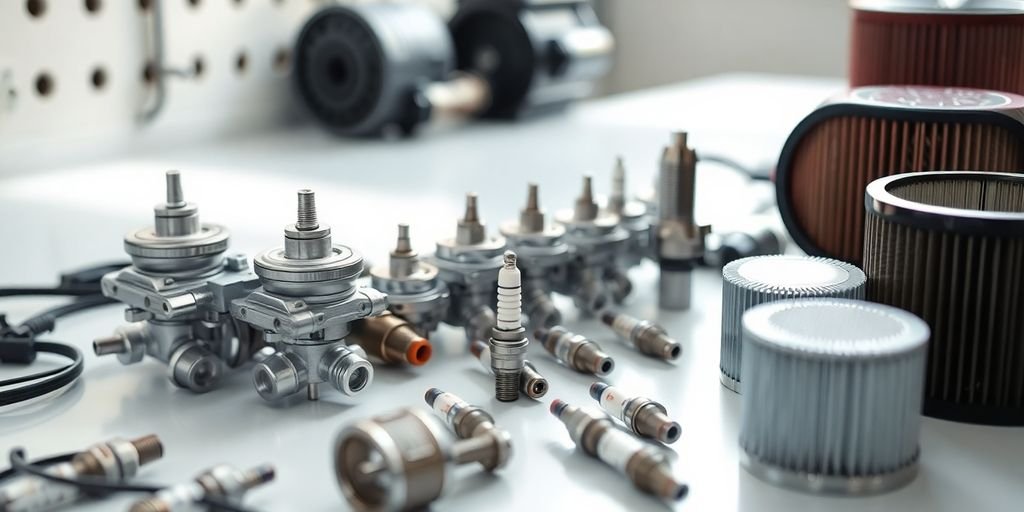 Assorted small engine parts on a clean workbench.