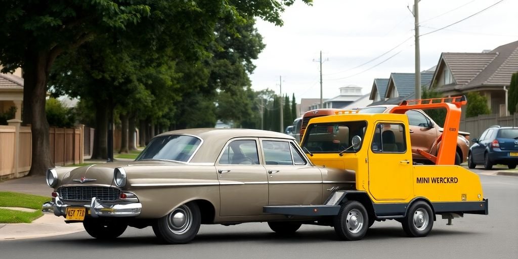 A vintage car being towed.