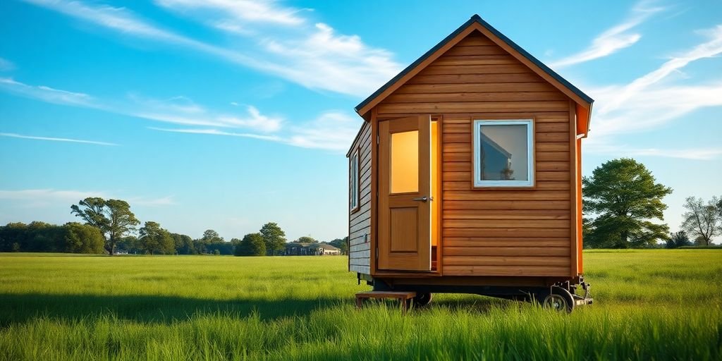 A tiny house on wheels in a meadow.