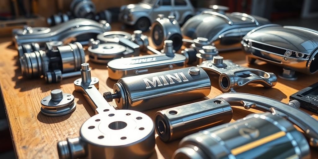 Mini spare parts laid out on a workbench.
