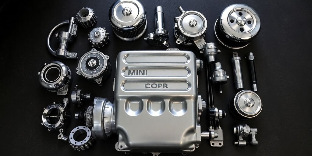 Mini Cooper engine components arranged neatly.