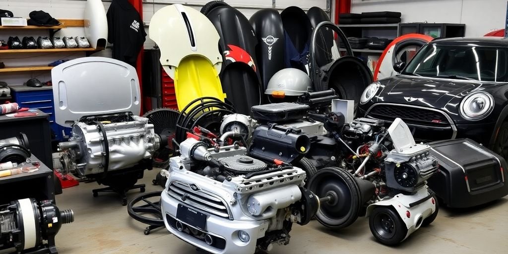 Mini Cooper car parts arranged neatly.