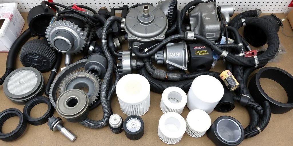 Close-up of various Mini Cooper engine parts.