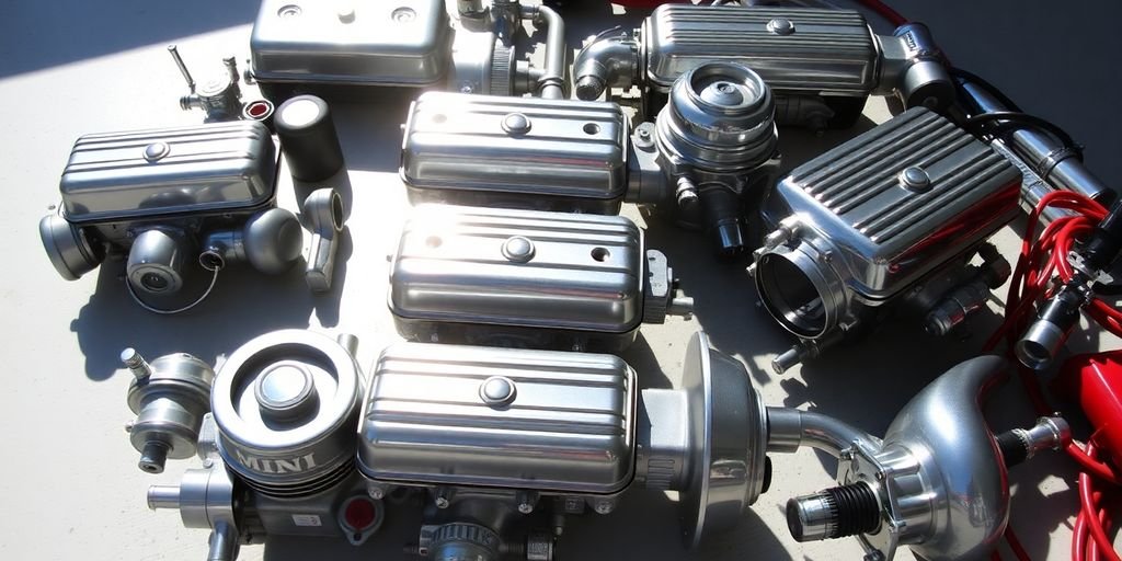Classic Mini engine components neatly arranged.