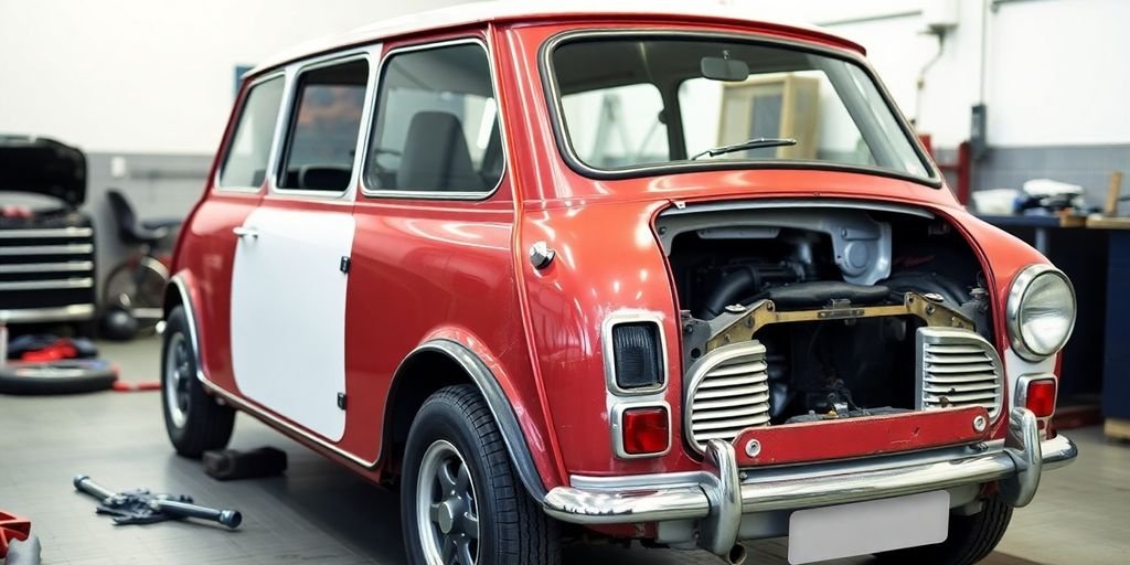Mini Cooper car being dismantled for parts.