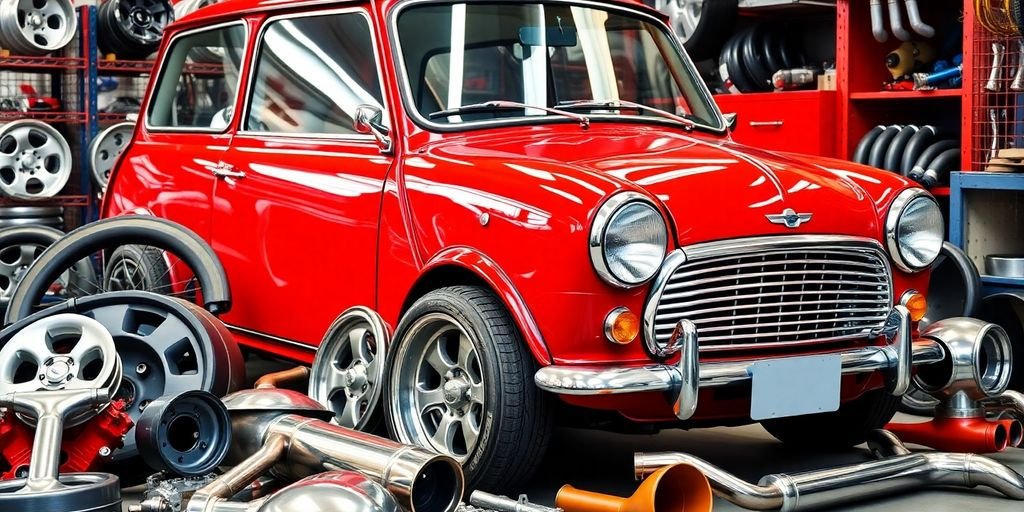 Mini Cooper car with various automotive parts scattered around.