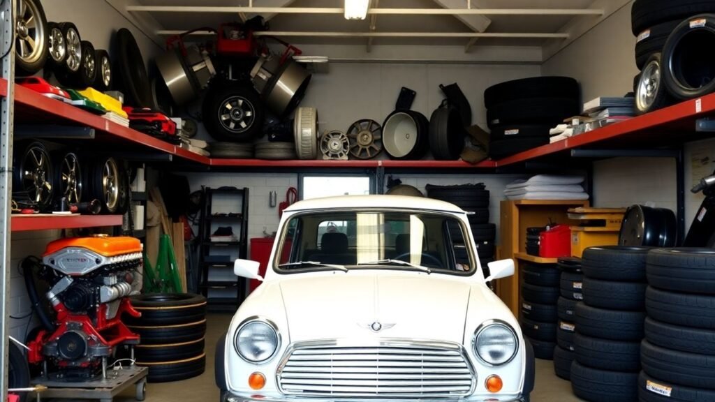 Mini Cooper parts in a workshop