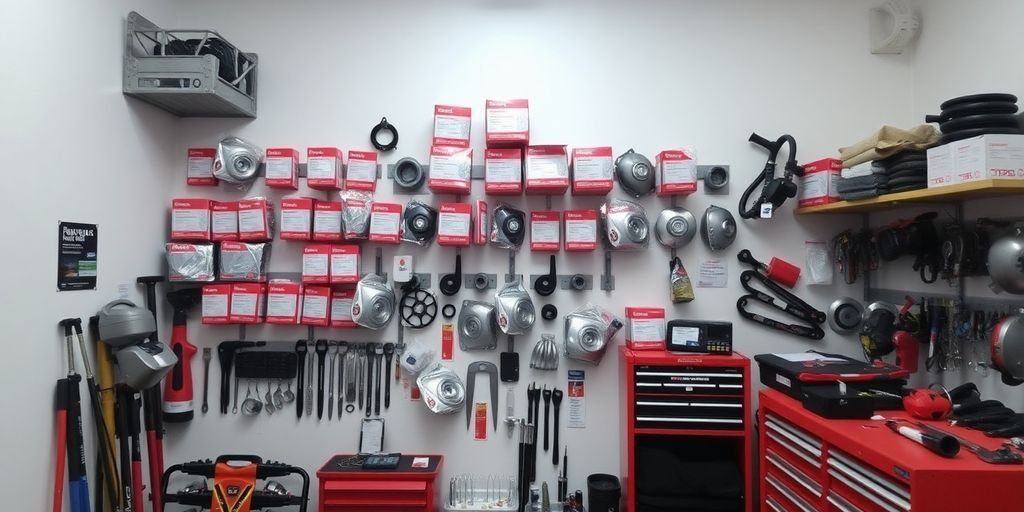 a well-organized wall and shelving unit in what appears to be an auto parts store or workshop