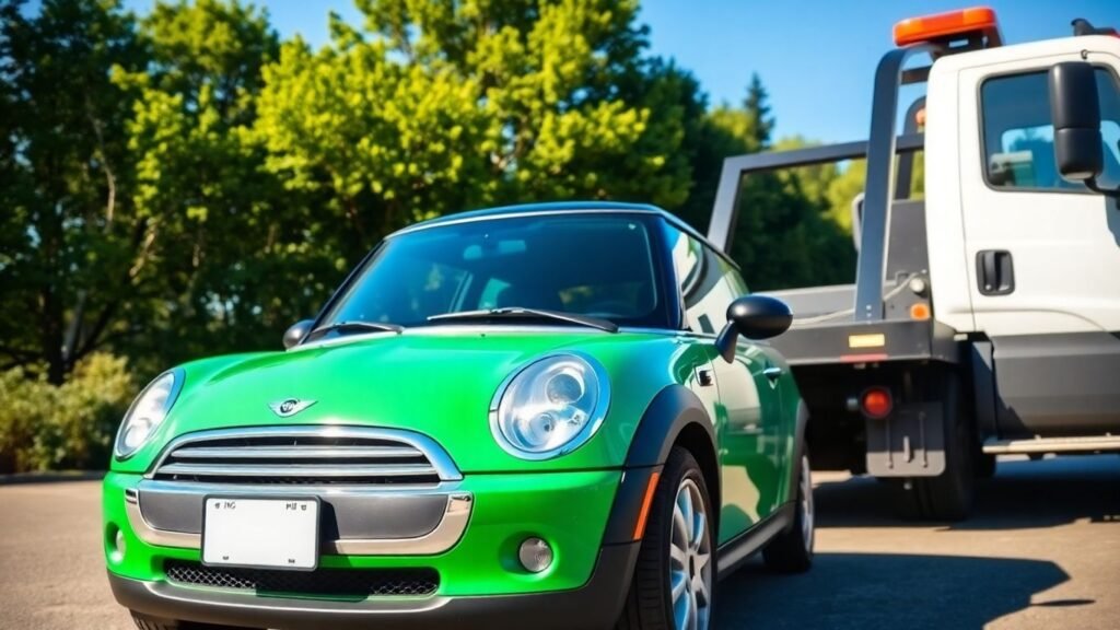 Green Mini Cooper with tow truck, eco-friendly service.