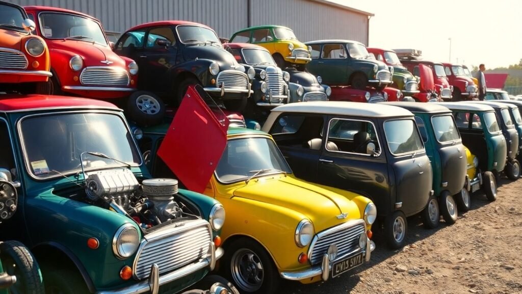 Mini Cooper car parts in a salvage yard