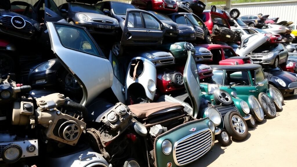 Mini Cooper car parts in a salvage yard.