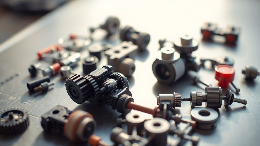 Miniature car parts arranged on a metallic surface.