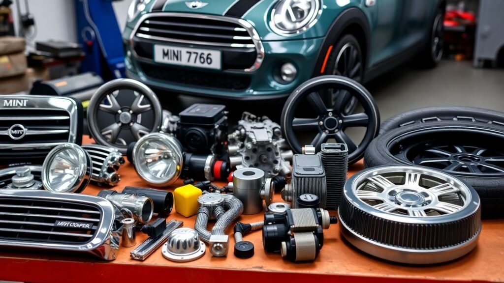 Mini Cooper parts and car in a workshop