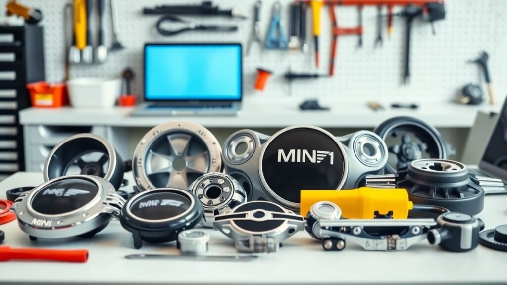 Mini car parts on a mechanic’s workbench