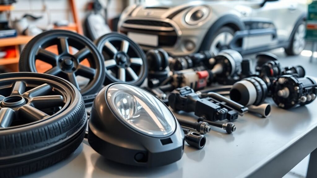 Mini car spare parts on workshop table in Australia