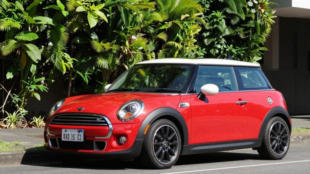 Red Mini Cooper parked on a sunny Brisbane street.