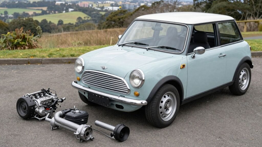 Mini Cooper parts laid out for sale in Hobart.