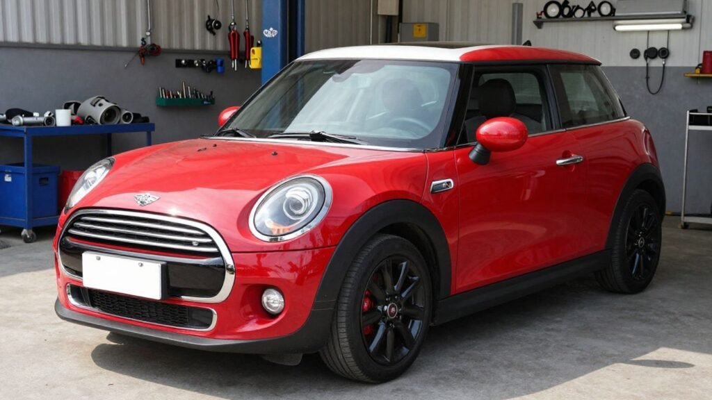 Red Mini Cooper at a repair shop.