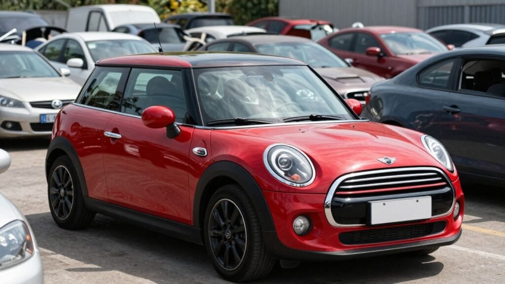 Red Mini Cooper at a car wreckers yard.
