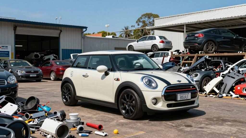 Mini Cooper in Sydney auto salvage yard with parts